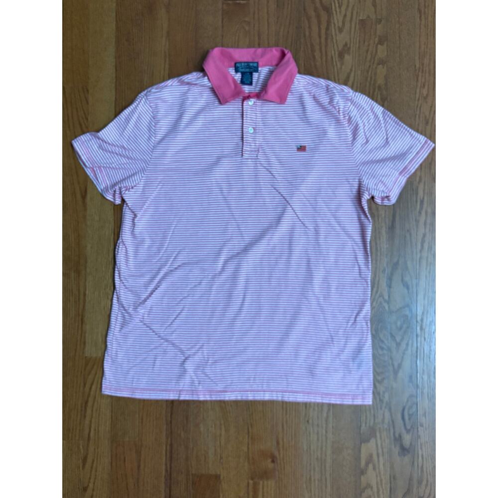 Polo Jeans Co Ralph Lauren Mens Large Pink White Striped Short Sleeve Polo Shirt